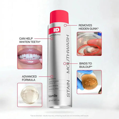 Hismile ID Stain Whitening Mouthwash Gentle Fresh Breath Remove Plaque Stains Enamel Safe No Sensitivity Home Oral Care